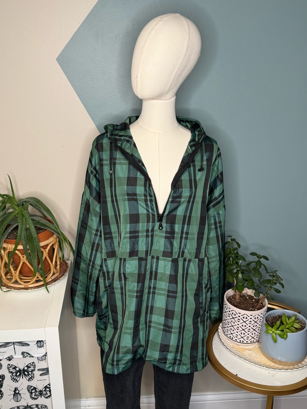 Zara Green Plaid Oversized Hooded Anorak Windbreaker XL - Picture 3 of 12